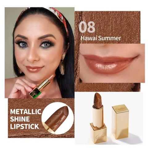 OULAC Lippenstift Metallic Glanz Finish, Kein Körniges Gefühl Lipstick mit Langanhaltend Feuchtigkeitsspendende und Wasserdicht, 4.3g, Sahara Gold(10)