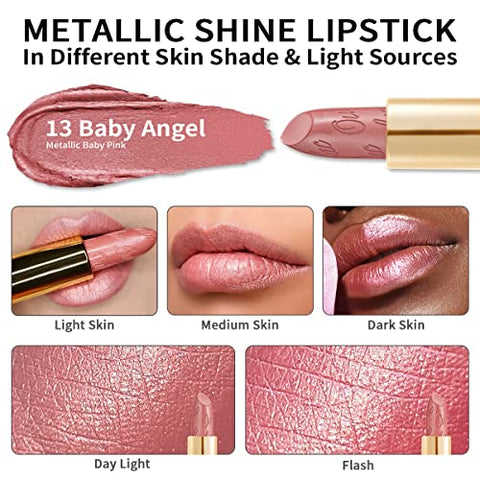 OULAC Lippenstift Metallic Glanz Finish, Kein Körniges Gefühl Lipstick mit Langanhaltend Feuchtigkeitsspendende und Wasserdicht, 4.3g, Sahara Gold(10)