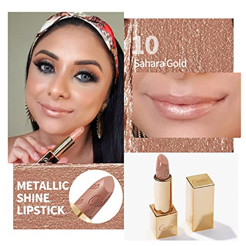 OULAC Lippenstift Metallic Glanz Finish, Kein Körniges Gefühl Lipstick mit Langanhaltend Feuchtigkeitsspendende und Wasserdicht, 4.3g, Sahara Gold(10)