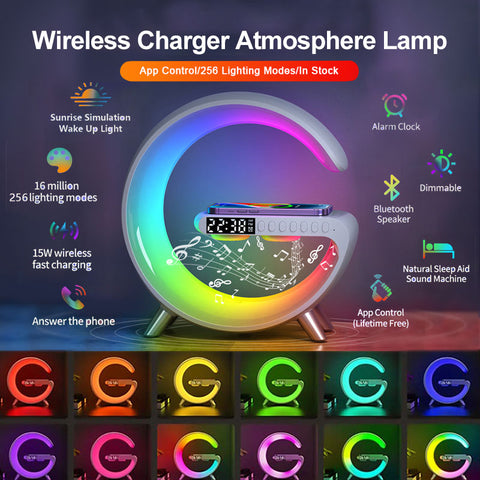 Smarte Lampe mit integriertem Bluetooth-Lautsprecher, drahtlosem Ladegerät, Nachtlicht- und Sonnenaufgangswecksignal-Funktion, Polarlicht-Wecker